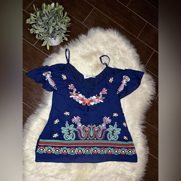 Va Va by Jon Han Navy Blue off the shoulder embroidered Blouse sz small - Picture 1 of 8